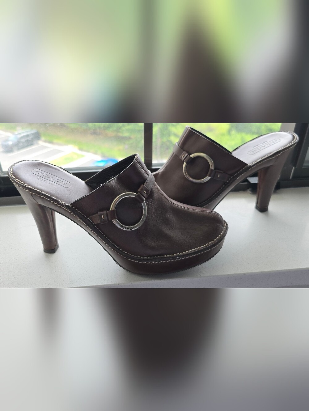 Brown High-Heel Mule Clogs with Silver Ring Accent